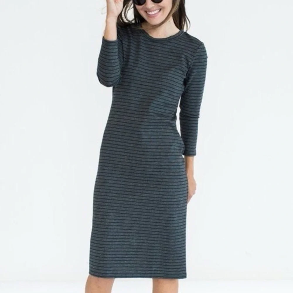 SONNET JAMES Reese Striped Play Midi Dress in Charcoal Gray Size XS